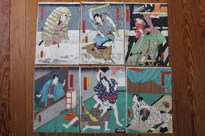 null TOYOKUNI III Six estampes oban tate-e formant deux triptyques ou polyptyques...
