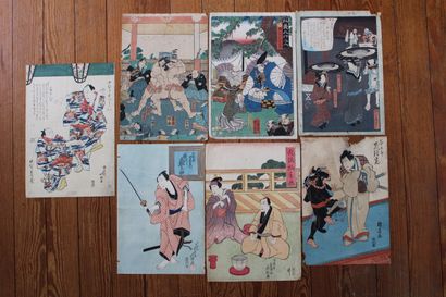 null Lot de sept estampes ou parties de triptyques oban tate-e par KUNIHIRO, HOKUEI,...