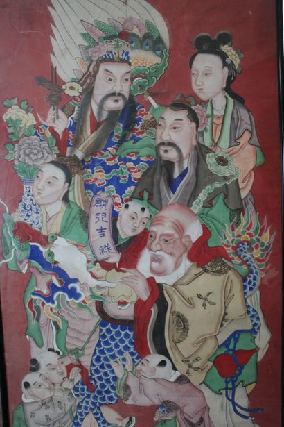 null Grande peinture en couleurs sur papier, représentant les Sanxing, ou « Trois...