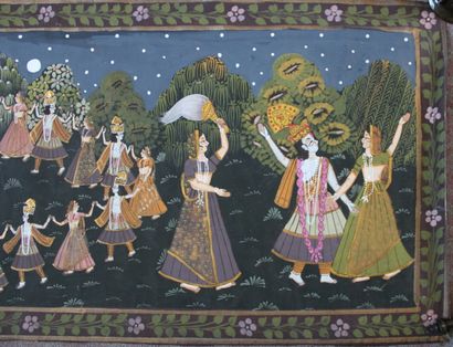 null Grand pitchway horizontal peint en couleurs sur coton, représentant Krishna...