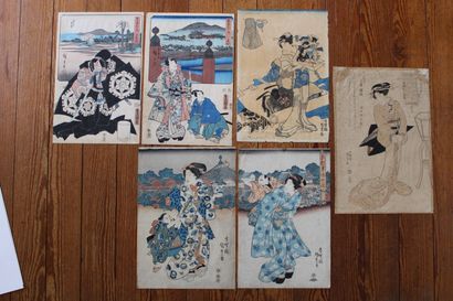 null TOYOKUNI III (KUNISADA) (1786-1865) Lot de six estampes oban tate-e comprenant :...