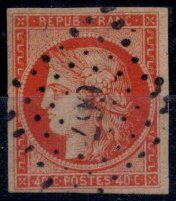 null France 1849 Cérès Yv Nr 5, 40c orange, OBL, 4 belles marges, très frais et signé...