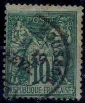 null France 1876 type Sage, 10c vert, OBL, Yv 76, très frais - TB -