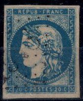 null France 1870 Cérès, 20c bleu report I, Yv 44A, 4 belles marges et très frais...