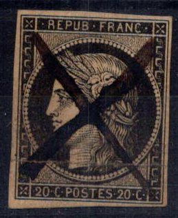 null France 1849 Cérès Yv Nr 3 OBL, 20c noir annulation plume, léger pli en marge,...