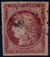 null France 1849 Cérès Yv Nr 6, 1fr carmin, OBL, 4 belles marges et très frais, signé...