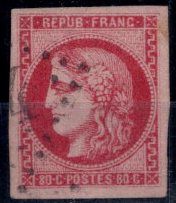 null France 1870 Cérès, 80c rose Yv 49 OBL, 4 belles marges et très frais, signé...