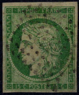 null France 1849 Cérès Yv Nr 2, 15c vert, OBL, 4 belles marges et très frais - T...