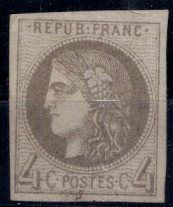 null France 1870 Cérès, 4c gris (x),report 2 Yv 41B, 4 belles marges et très frais,...