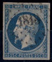 null France 1853 Napoléon III, Yv 15, OBL, 25c bleu, 4 belles marges et très frais,...
