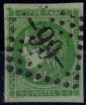 null France 1870 Cérès, 5c vert-jaune, report 2, Yv 42B, 4 belles marges et très...