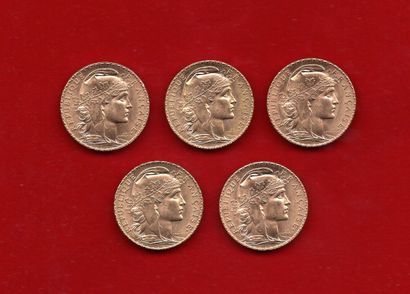 null III° REPUBLIQUE 1871/1940 : Lot de 5x20 Francs or "Marianne" 1910, 11, 12, 13...