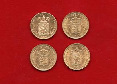 null PAYS-BAS : Lot de 4x10 Gulden or 1875, 1911, 1917 et 1925. G 105, 149 et 162....