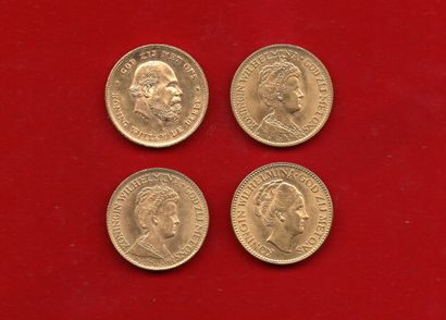 null PAYS-BAS : Lot de 4x10 Gulden or 1875, 1911, 1917 et 1925. G 105, 149 et 162....