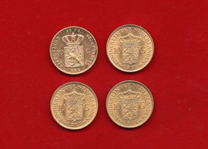 null PAYS-BAS : Lot de 4x10 Gulden or 1875, 1912, 1913 et 1917. G 105 et 149. SU...