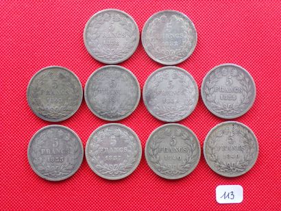null LOUIS-PHILIPPE 1er 1830/1848 : Lot de 10x5 Francs argent 1832A, 33H, 34K, 35B,...