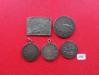 null TIR et ESCRIME : Lot de 5 Médailles argent Nancy 1906 :Tir 51x39mm; Roubaix...