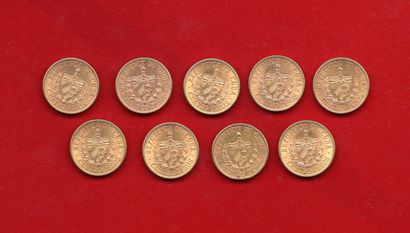 null CUBA: Lot de 9x4 Pesos Or 1915 (2, Rare frappés à 6300 expl.) et 1916 (7). KM...