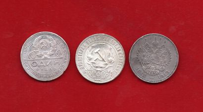 null RUSSIE : Lot de 3 Roubles d'argent 1913, 1921 et 1924. KM Y 70, 84 et 90. Q...