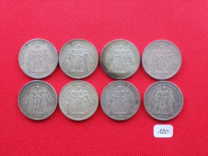null IIIème REPUBLIQUE 1871/1940 : Lot de 8x5 Francs argent 1873A (3), 1874K, 1875A...