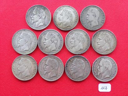 null NAPOLEON III 1852/1870 : Lot de 11x5 Francs argent 1855A, 1867A et BB, 1868A...