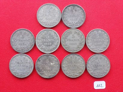 null LOUIS-PHILIPPE 1er 1830/1848 : Lot de 10x5 Francs argent 1833MA, 34T, 35A, 38B,...