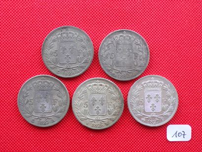 null CHARLES X 1824/1830 : Lot de 5x5 Francs argent 1826 W Lille (TTB), 1827 A Paris...