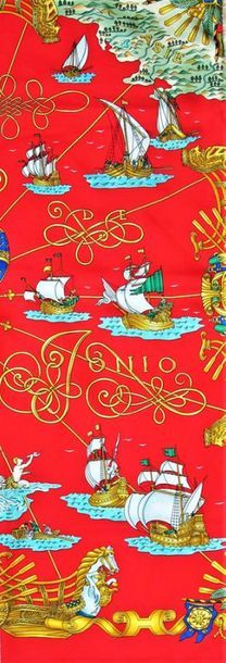 null HERMES Paris Printed silk 
scarf titled "veils of light" on a red background...