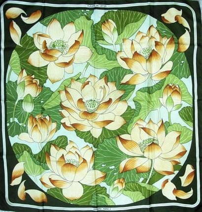 null HERMES Paris 
Square silk printed and titled "Fleurs de Lotus" by Vauzelles...