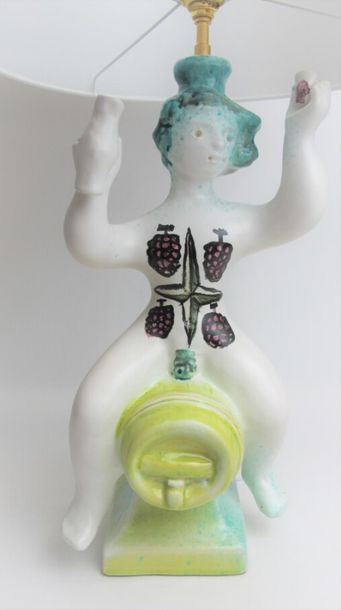 null JOUVE Georges (1910-1964) Ceramic lamp 
base with a polychrome enamelled cover,...