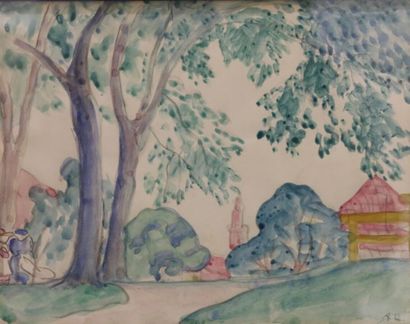 null Augustin HANICOTTE (1870-1957)
Paysage aux arbres, 
Aquarelle, monogramme en...