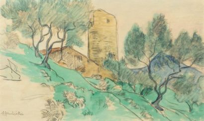 null Augustin HANICOTTE (1870-1957)
Paysage à la tour, 
Aquarelle sur papier (insolation),...