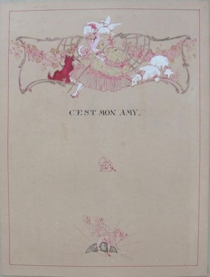 null Louis MORIN (1855-1938) 
"C'est mon amy"
Plume rouge, aquarelle et rehauts de...