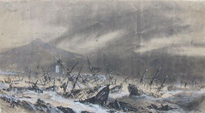 null Evremont de BERARD (1824-1881) 
Scène de cyclone, les Antilles ? 
Encre de chine,...