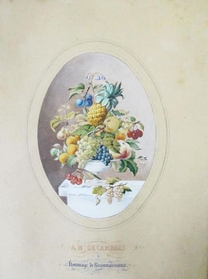 null French school of the 19th century.
Still life with fruits
Watercolour and gouache...