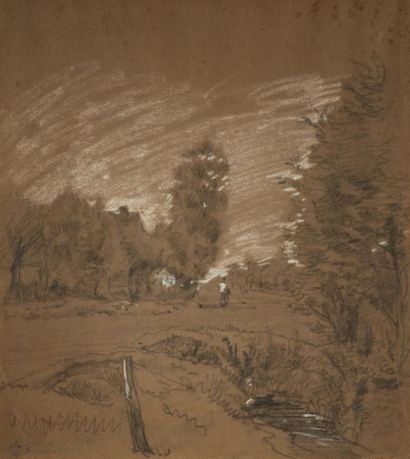 null Alfred ROBAUT (1830-1909) 
Vue de Sin-le-Noble.
Crayon noir rehaussé de craie...