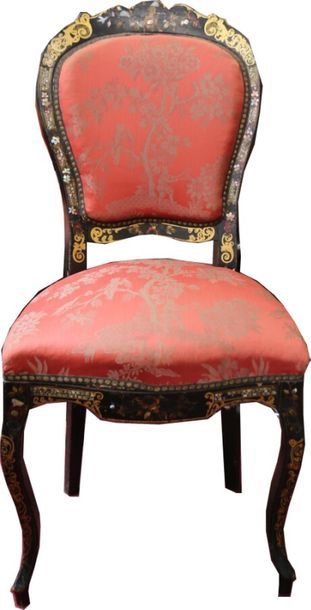 null Set of five chairs in black lacquered wood with burgundy and gold rinceau inlay....