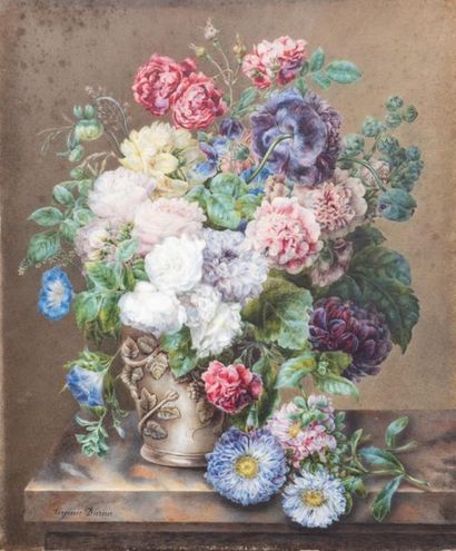 null Virginie DURIEU (1820 Nimes)
Bouquet de fleurs dans un vase posé sur un entablement.
Aquarelle...