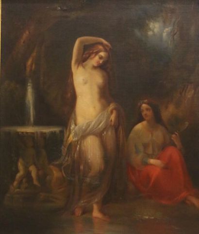 null Attributed to Eugène DEVERIA (1805-1865) Nude
woman at the fountain
Oil on canvas,...