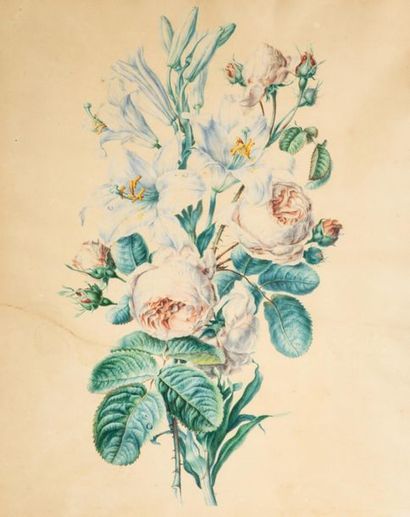 null Ecole française XIXème siècle
Bouquet de roses et de lys.
Aquarelle sur papier
49...