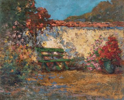 null Charles DAGNAC-RIVIERE (1864-1945)
Banc dans un jardin fleuri
Huile sur toile...