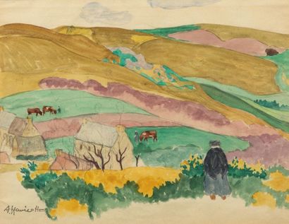 null Augustin HANICOTTE (1870-1957) Hilly
landscape
Watercolour (sunshine), signature...