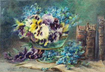 null Blanche ODIN (1865-1957)
Pensées, myosotis et livres anciens
Watercolour on...