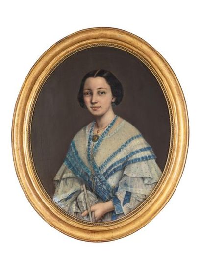 null Ecole française du XIXème siècle
Portrait ovale d'une jeune femme à la robe...