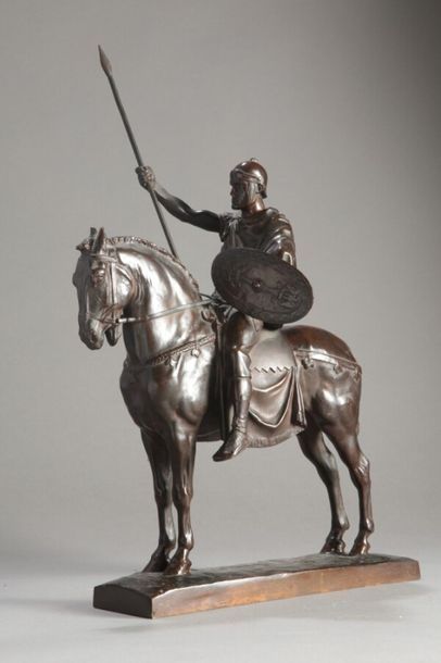 null Emmanuel FREMIET (1824-1910)
Cavalier romain. 
Groupe en bronze patiné marron,...