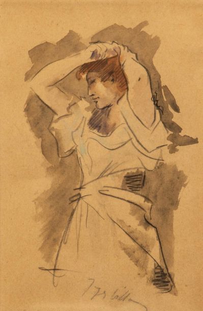 null Jacques VILLON (1875-1963)
Woman combing her hair 
Pencil, grey wash and watercolour
13...