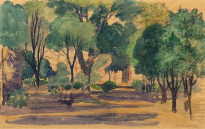 null Augustin HANICOTTE (1870-1957)
Parc ombragé, 
Aquarelle sur papier beige (traces...