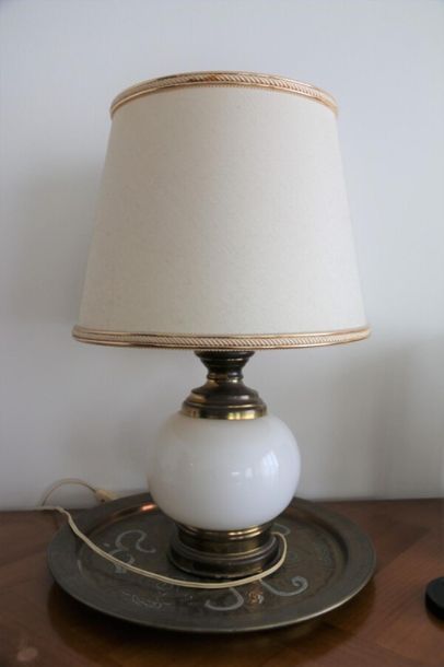 Lamp base in white glass and brass. 
One...