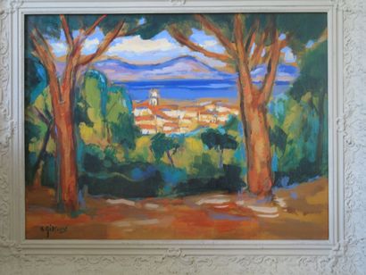 ANTOINE GIROUX (Xxe) Huile sur toile contrecollée "St Tropez" 77x58 cm