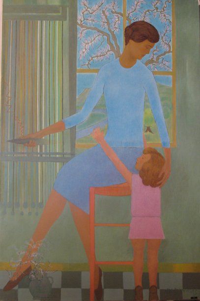 VIC DAUMAS Victor (1909- 1994) « Ma mère et ma soeur Marinette » Acrylique sur toile,...